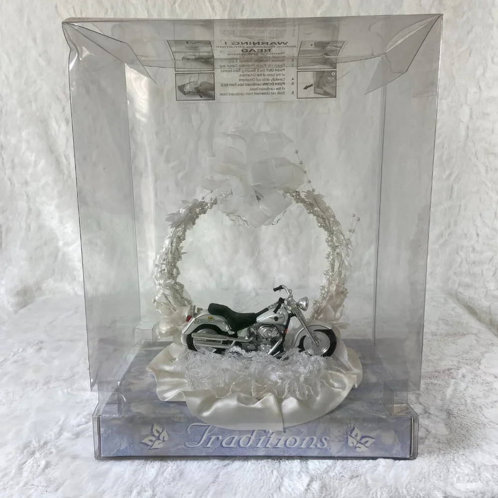 Vintage Bakery Crafts Wedding Cake Topper w/miniature Harley Davidson Motorcycle